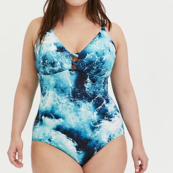 TORRID blue & white  "Blue Ocean" corset swimsuit, sz 0 / 12 (sold out) slimming - Picture 1 of 16